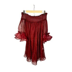 Mango Off Shoulder Smocked Top Sheer Ruffle Sleeve Burgundy Women's